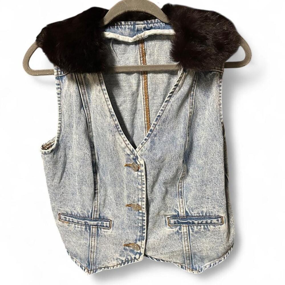 Custom upcycled short faux fur collared denim vest cottagecore coquette